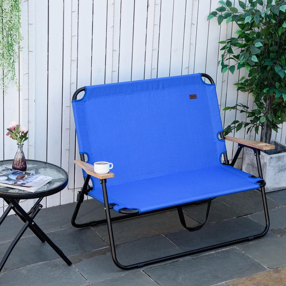 Blue Folding Double Camping Chair with Wood Armrests