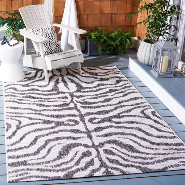 Courtyard Ivory/Black 7 ft. x 7 ft. Zebra Indoor/Outdoor Square Area Rug