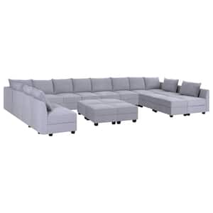 215.96 in. W Modern 13-Seater Upholstered Linen Sectional Sofa with 6-Ottoman in Gray, Sofa Couch for Living Room/Office