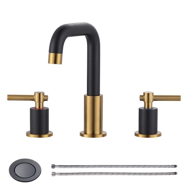 Deck Mount 8 in. Widespread Double Handle High Arc Bathroom Sink Faucet with Pop Up Drain in Black and Gold (1-Pack)