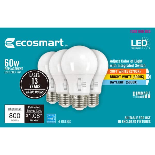Selectable CCT Lot of 36-60-Watt Equivalent A19 Dimmable LED Bulb 4-Packs 