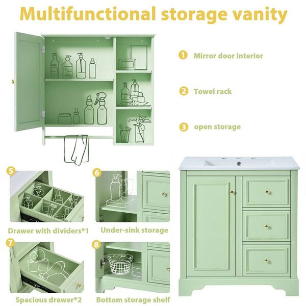 Lycvki 30 in. W Freestanding Bath Vanity in Green with White