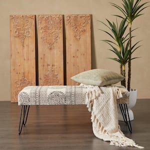 White Floral Bench with Metal Hairpin Legs 16 in. X 47 in. X 19 in.