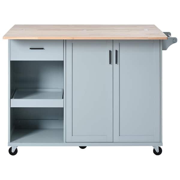 Ziyudura Rolling Blue Foldable Wood Top 49 in. Kitchen Island Cart with Slide-Out Shelf, Adjustable Shelf