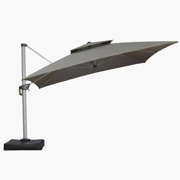 12 ft. Square Sunbrella Aluminum 360° Rotation Silvery Cantilever Outdoor Patio Umbrella with Base in Taupe