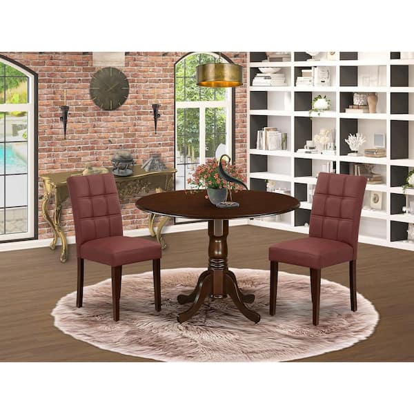 3-Piece Mahogany Finish Solid Wood Top-Round Dining Room Set with Dropleaf-Seats-4