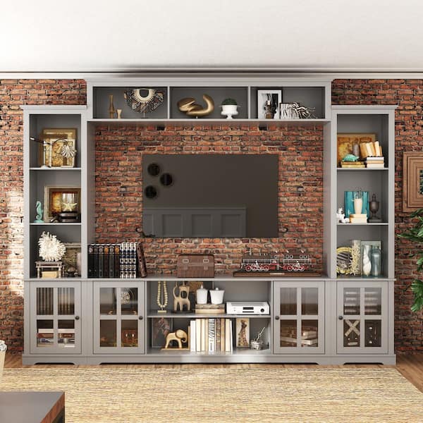 FUFU&GAGA Entertainment Wall Unit with Bridge, Modern Console Table, TV Stand Fits TV's up to 66 in., with Glass Door, Gray