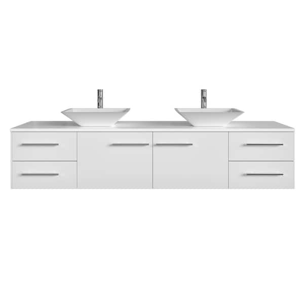 Wave 72 in. Double Sink Floating White Bath Vanity with White White Quartz Top (Assembled)