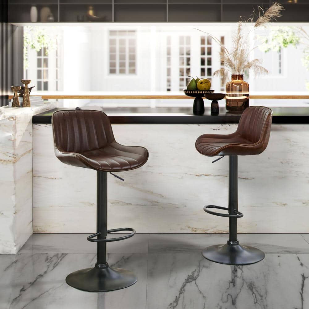 Cognac Elegance Adjustable Swivel Barstool Set in Faux Leather