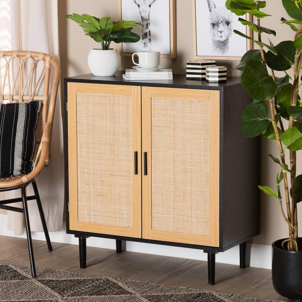 Espresso Brown Solid Wood & Rattan Freestanding Office Cabinet