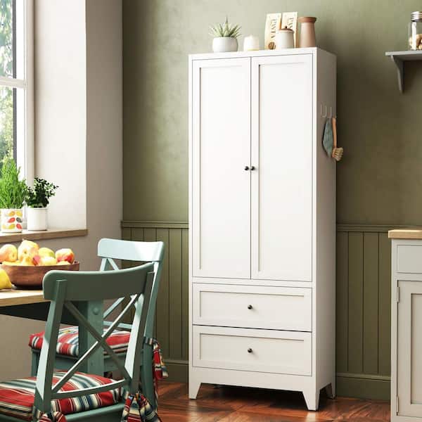 Freestanding Kitchen Pantry Cabinet with 2-Drawers and Adjustable Shelves for Spices, Dishware in White
