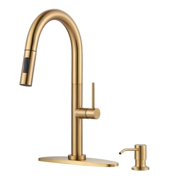 Stainless Steel Single Handle Pull-Down Sprayer Kitchen Faucet Set with Soap Dispenser in Brushed Gold