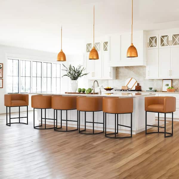 LUE BONA 26 in.Brown and Black Low Back Bar Stool with Metal Frame Counter Height Faux Leather Counter Stool Set of 6