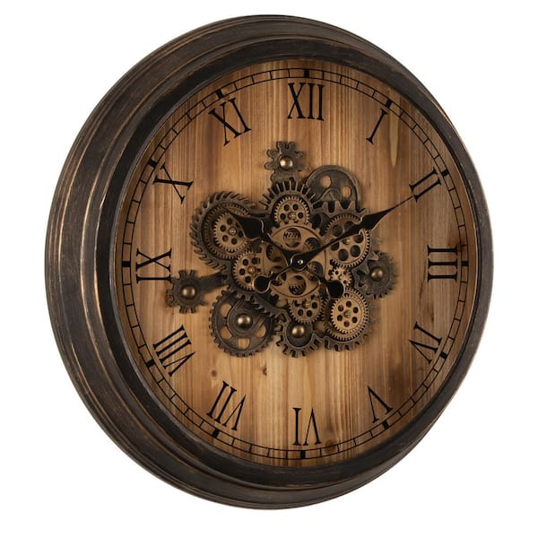 Glitzhome 27 76 In D Vintage Industrial Oversized Wooden Metal Wall Clock With Moving Gears 2009500001 The Home Depot - Gear Wall Clocks Metal