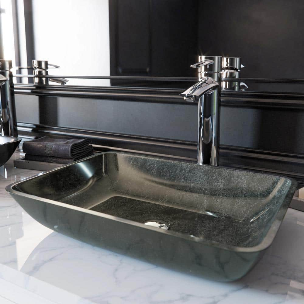 VIGO Donatello Artistic Onyx Gray Glass 18 in. L x 13 in. W x 4 in. H Rectangular Vessel Bathroom Sink