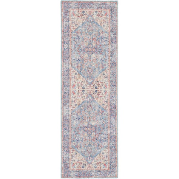 Nourison New Concept Machine Washable Blue/Multi 2 ft. x 8 ft. Bordered Traditional Kitchen Runner Area Rug