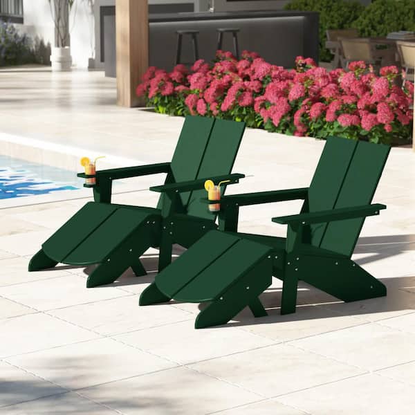 Coastin Outdoor Patio Weather Resistant 8-Piece Modern Poly Plastic Dark Green Adirondack Chairs and Ottoman Set