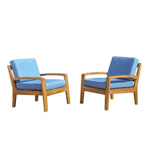 Teak Finish Wood Outdoor Patio Lounge Chairs with Blue Cushion (2-Pack)