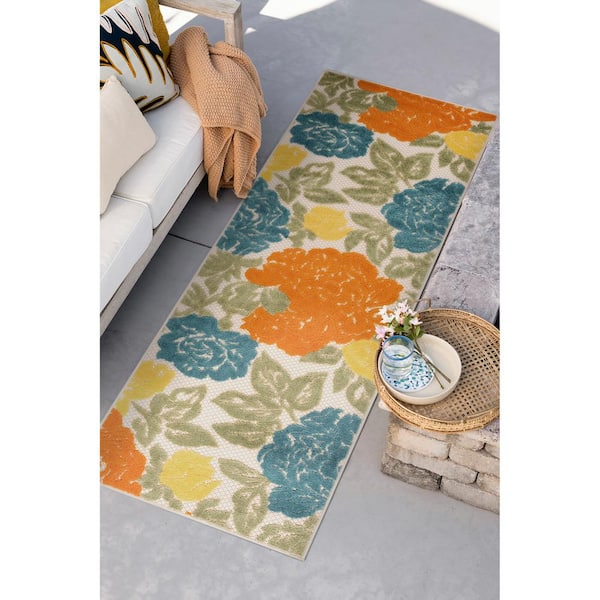Oasis Gold 2 ft. x 8 ft. Floral Indoor/Outdoor Area Rug