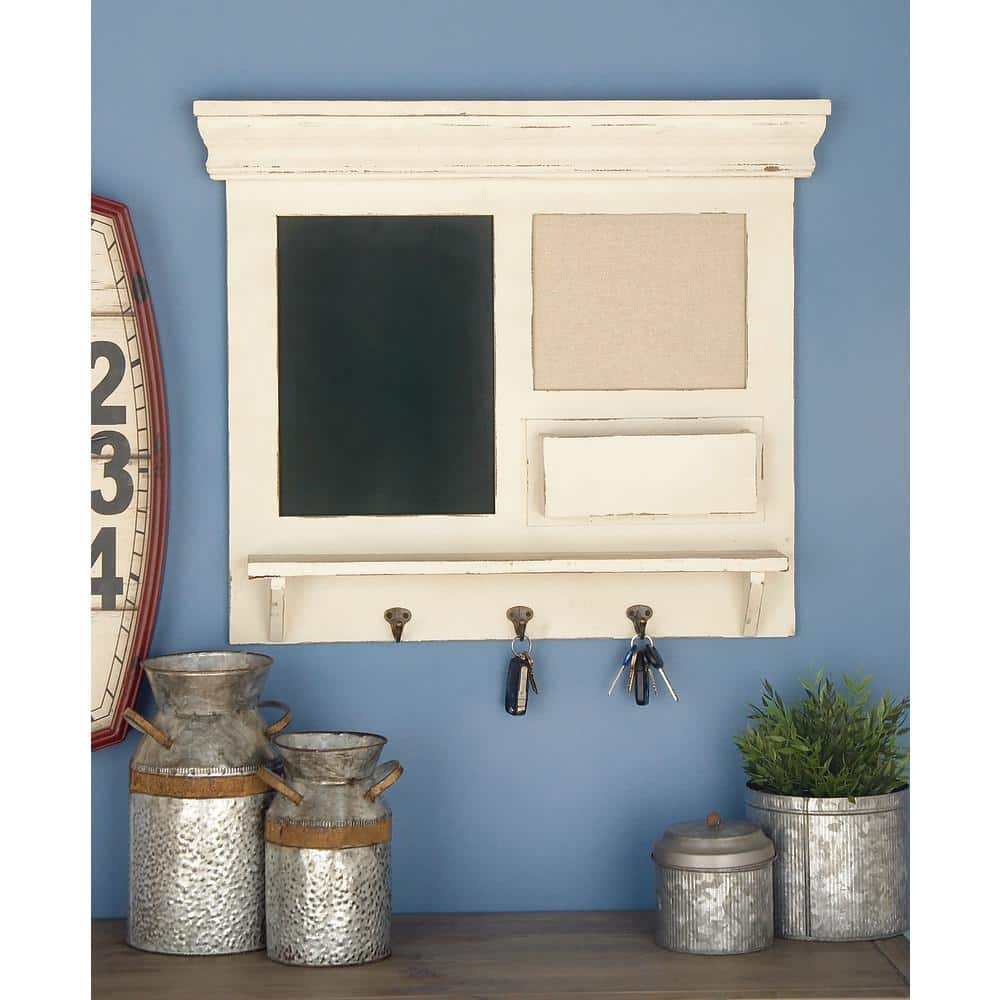 White Wood Nautical Wall Shelf with Chalkboard and Hooks