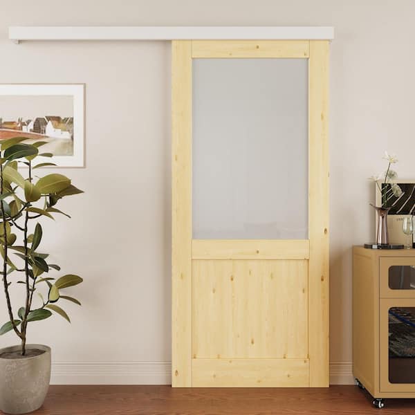 36 in. x 80 in. Hidden Track Style 1/2-Lite Frosted Glass Unfinished Glass Sliding Barn Door with Hardware Kit