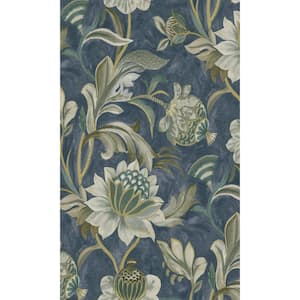 Navy Jacobean Style Floral Print Non Woven Non-Pasted Textured Wallpaper 57 Sq. Ft.