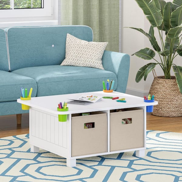 RiverRidge Home Kids Desk and Art Activity Table with 4-Storage Cubbies and 4-Removable Storage Cups - White with 2-Taupe Fabric Bins