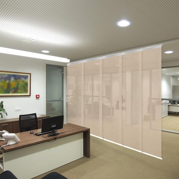 EMOH Sienna Mesh 58 in. - 110 in. W x 94 in. L Adjustable 5-Panel in White Single Rail Panel Track with 23.5 in. Slates