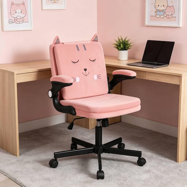 Cute Cat Velvet Ergonomic Task Chair in Pink with Flip-Up Arms, Adjustable Height Swivel Computer Desk Chair