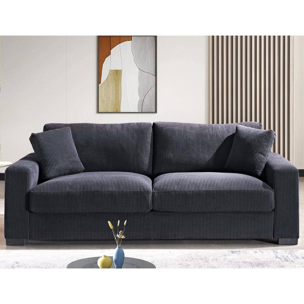 Luxe Collection 89 in. Wide Square Arm Soft Corduroy Polyesters Fabric Mid-Century Modern Rectangle Sofa in Black -  US Pride Furniture, S5862-S