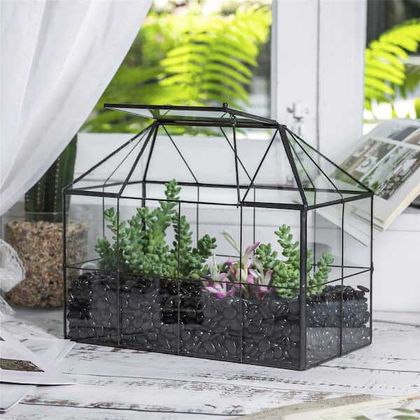 OGETFUUR 9.84 x 5.31 x 7.87 in. Black Glass Grid House Shape Indoor Terrarium Planter with Lid