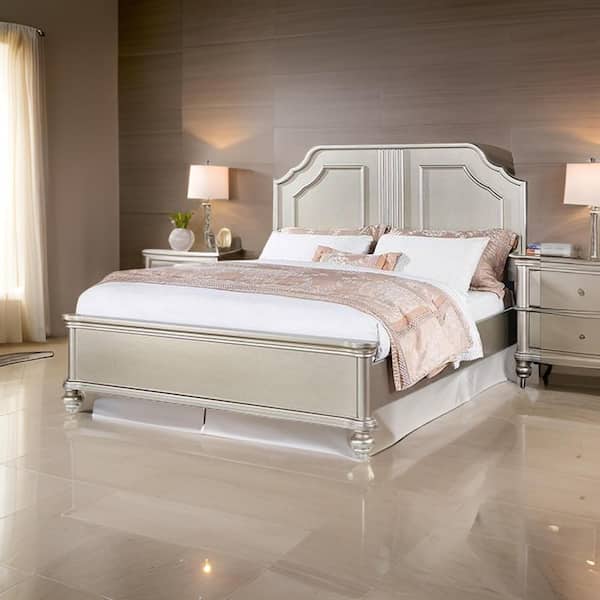 Opp Champagne Silver Wood Frame King Size Platform Bed with Curved Panel