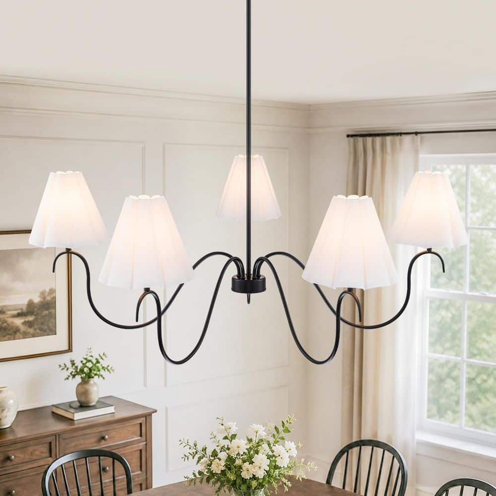 5-Light Matte Black Curved Iron Chandelier with White Fabric Shade price history on PriceWatchPro