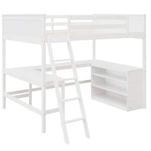 White Full size Loft Bed with Shelves and Desk