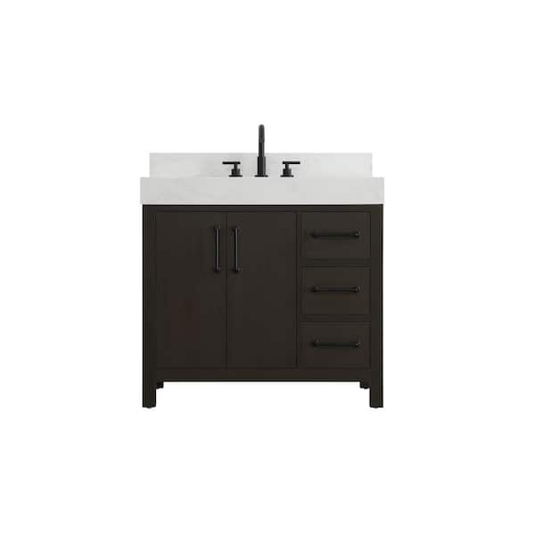 36 in. Single Sink Mocha Brown Bath Vanity with White Engineered Marble Top and Backsplash