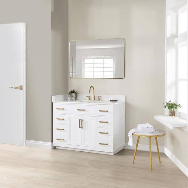 Gavino 48 in. W x 22 in. D x 34 in. H Single Sink Bath Vanity in White with White Composite Stone Top and Mirror