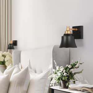 Modern 6 in. 1-Light Painted Black and Gold Bathroom Wall Sconce with Bell Metal Shade