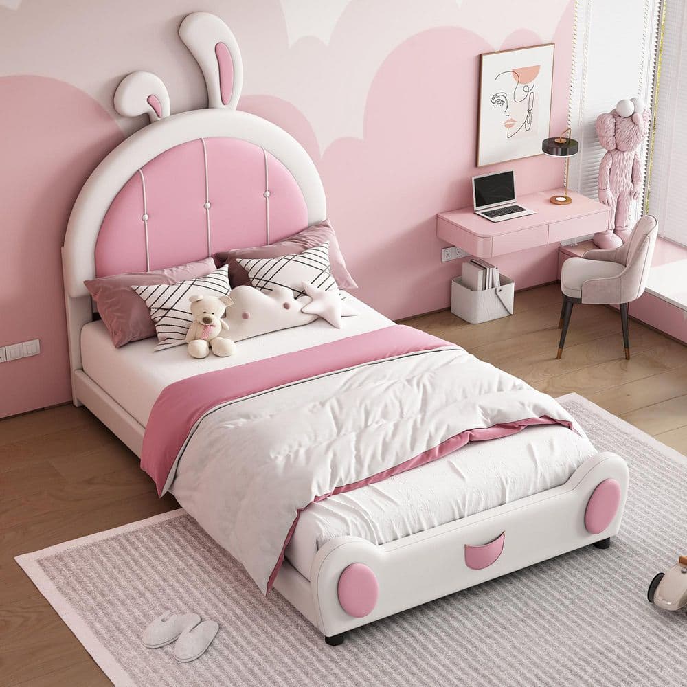 White Wood Frame Twin Upholstered Platform Bed with Rabbit Shaped Headboard price history on PriceWatchPro