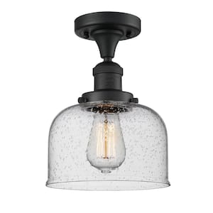 Bell 8 in. 1-Light Matte Black Semi-Flush Mount with Seedy Glass Shade