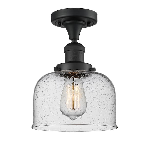 Innovations Bell 8 in. 1-Light Matte Black Semi-Flush Mount with Seedy Glass Shade