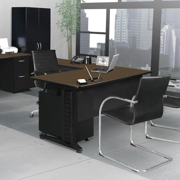 Fusion 72 in x 78 in. Neo Walnut Brown L Shaped Desk with Double Pedestal Drawer Unit