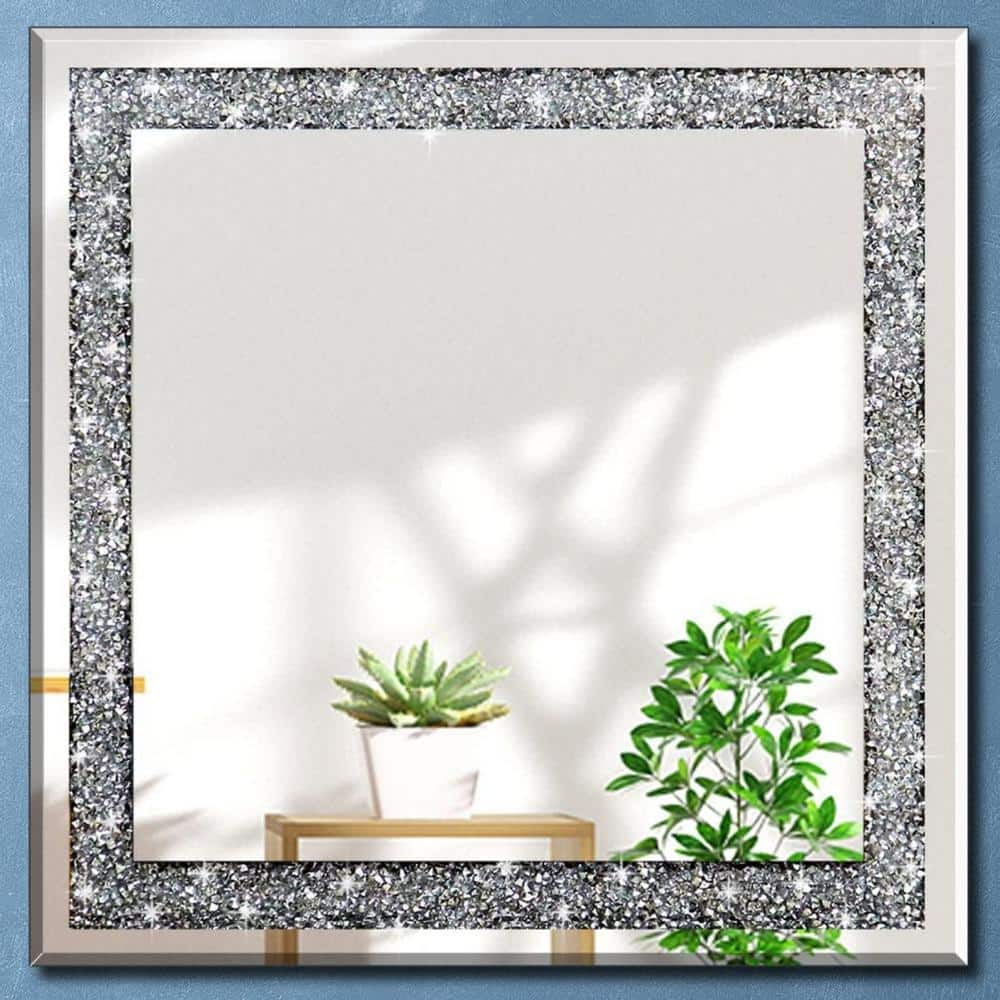 24 in. W x 24 in. H Square Framed Silver Crystal Decorative Wall Mirror