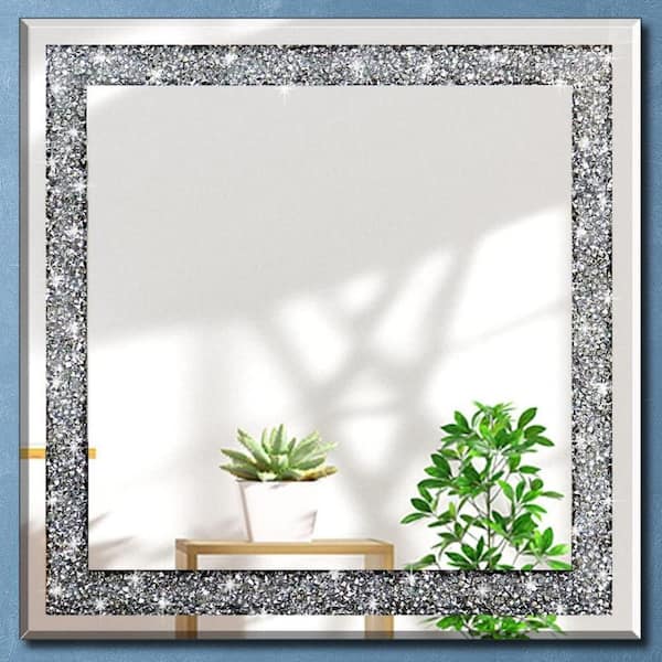 24 in. W x 24 in. H Square Framed Silver Crystal Decorative Wall Mirror