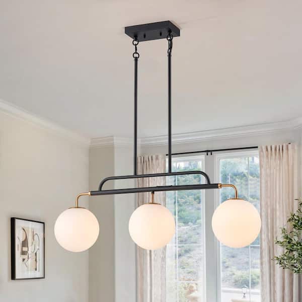 Lucie 33.86 in. 3-Light Black and Gold Kitchen Island Pendant with Opal Glass Shades for Dining Room