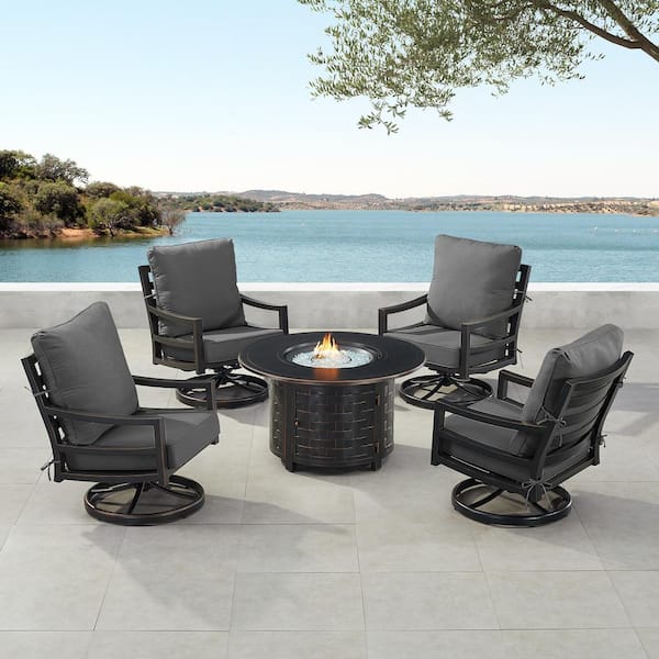 Oakland Living Black 7-Piece Aluminum Patio Fire Pit Set with 4-Club Chairs Black Cushions