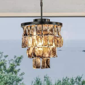 3-Light 12 in. Farmhouse Natural Patterned Capiz Shell Black Gold Seashell Tiered Chandelier Coastal Indoor Pendant lamp