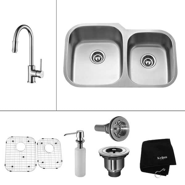 KRAUS All-in-One Undermount Stainless Steel 32 in. Double Basin Kitchen Sink with Faucet and Accessories in Chrome