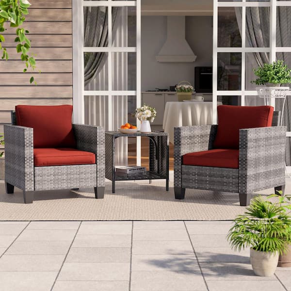 Sonkuki 3-Piece Gray Wicker Patio Outdoor Single Sofa Set Set with Side Table Rust Red Cushion