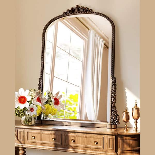 Antique Bronze 28 in. W x 40 in. H Carved Arched PU Frame Vanity Wall Mirror