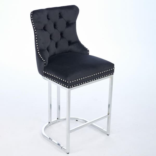 26 in. Black Velvet Counter Height Swivel Barstools with Button Back for Kitchen and Dining Room (Set of 2)